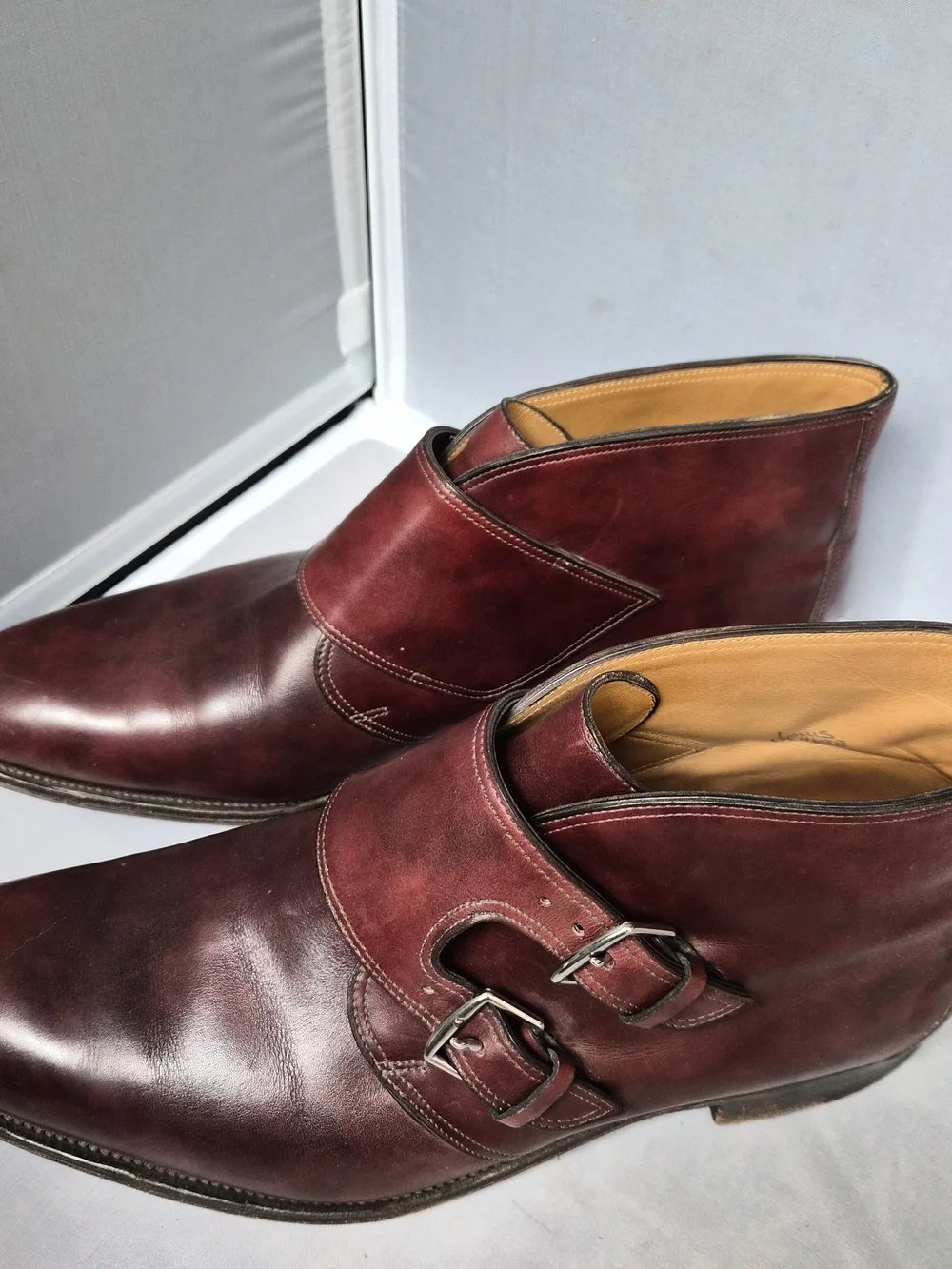 Hermes/John Lobb Double Monk Strap Ankle Boots - Burgundy Calfskin Size 43.5
